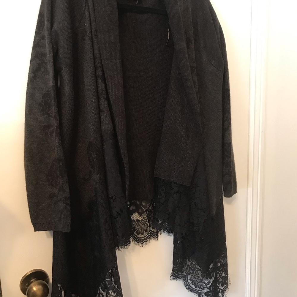 Suzy Shier Dark Gray Cardigan with Lace Detail